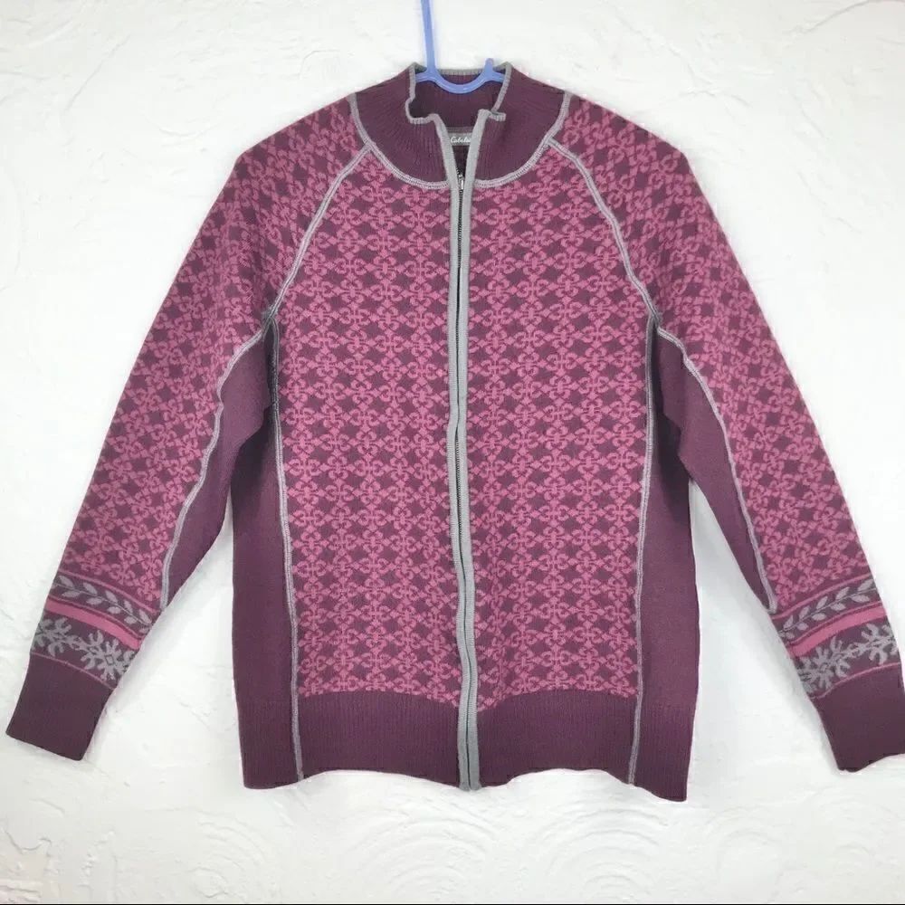 Cabela’s Burgundy Pattern Merino Wool Nordic Zip Cardigan